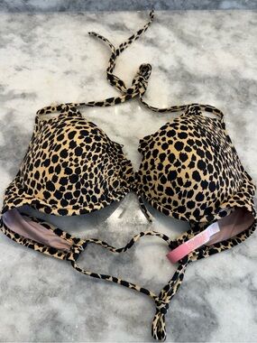 Victoria’s Secret Leopard Push Up Bikini Top 36C Halter Animal Print Bombshell